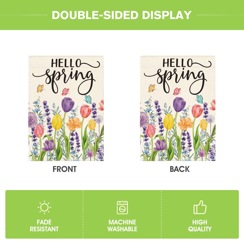 AVOIN colorlife Hello Spring flag with weather-resistant construction for long-lasting outdoor display.