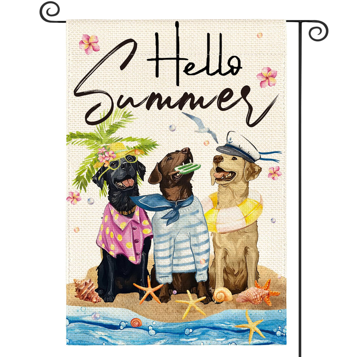 AVOIN colorlife Hello Summer flag front view with floral starfish, welcoming guests outdoors