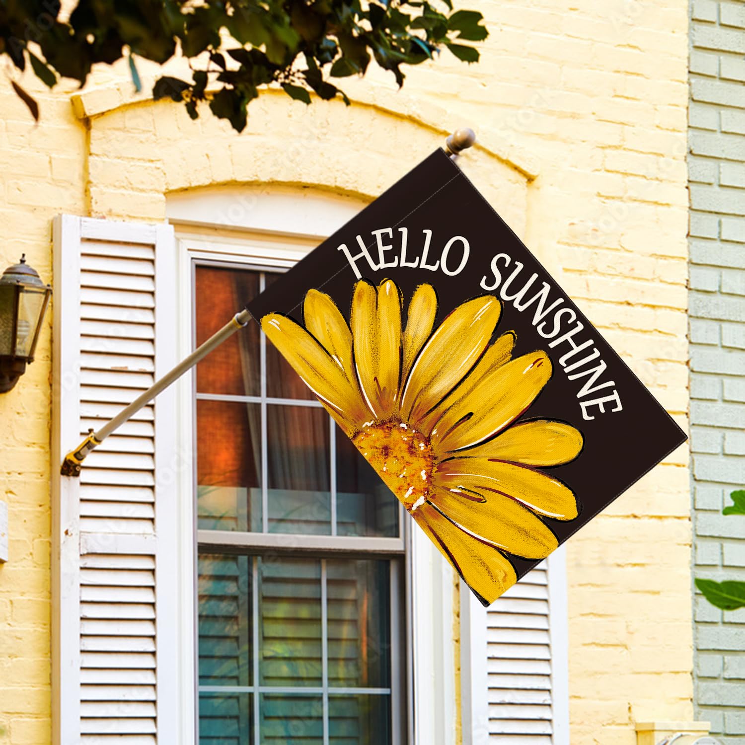 AVOIN colorlife Hello Sunshine flag back view showing double-sided print for outdoors
