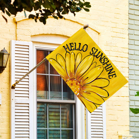 AVOIN colorlife Hello Sunshine flag double-sided print seen from both sides on porch.