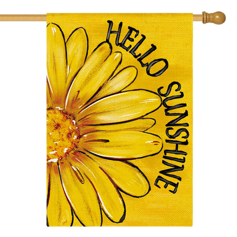 AVOIN colorlife Hello Sunshine flag front view with bright daisies welcomes guests outdoors.