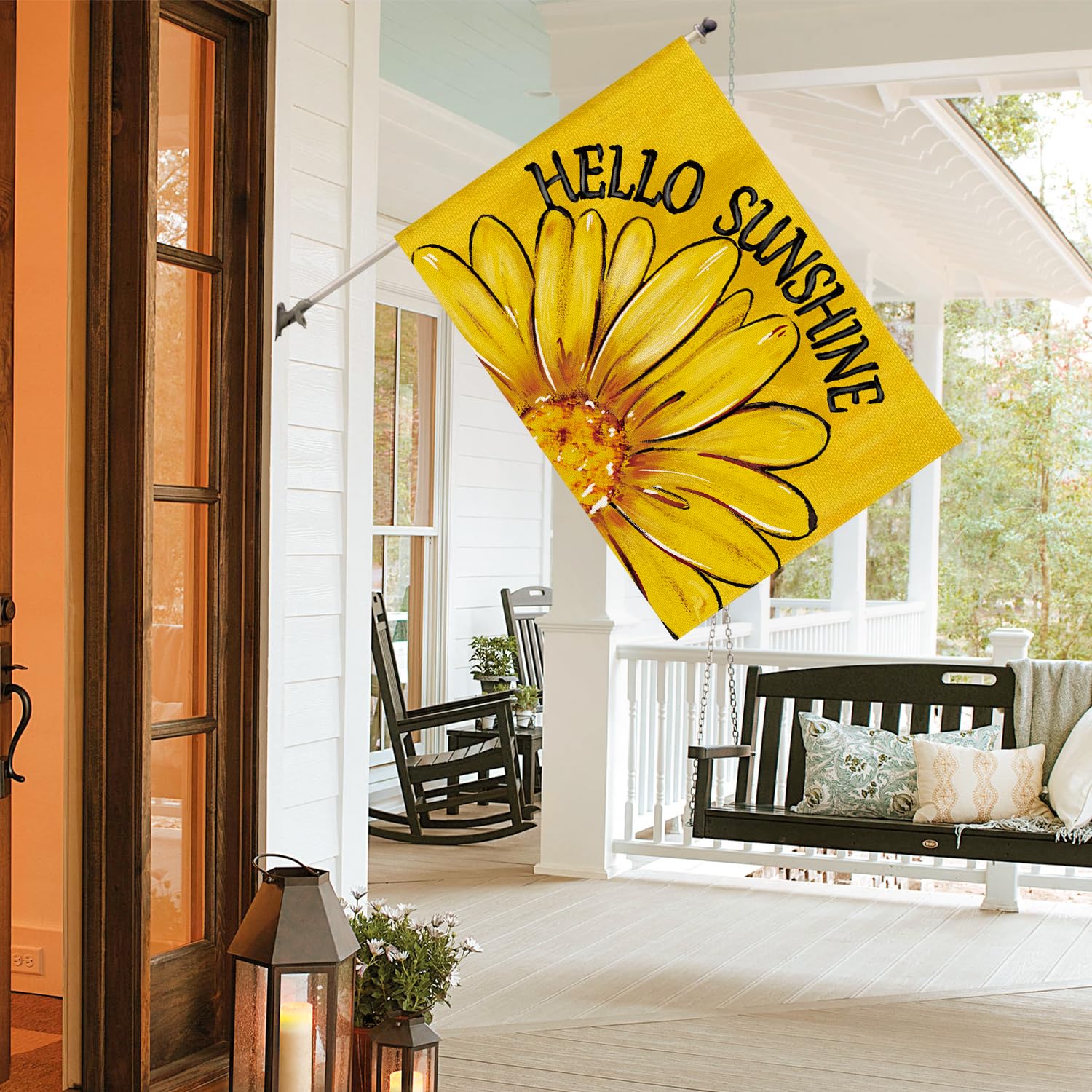 AVOIN colorlife Hello Sunshine flag welcoming guests during spring and summer.