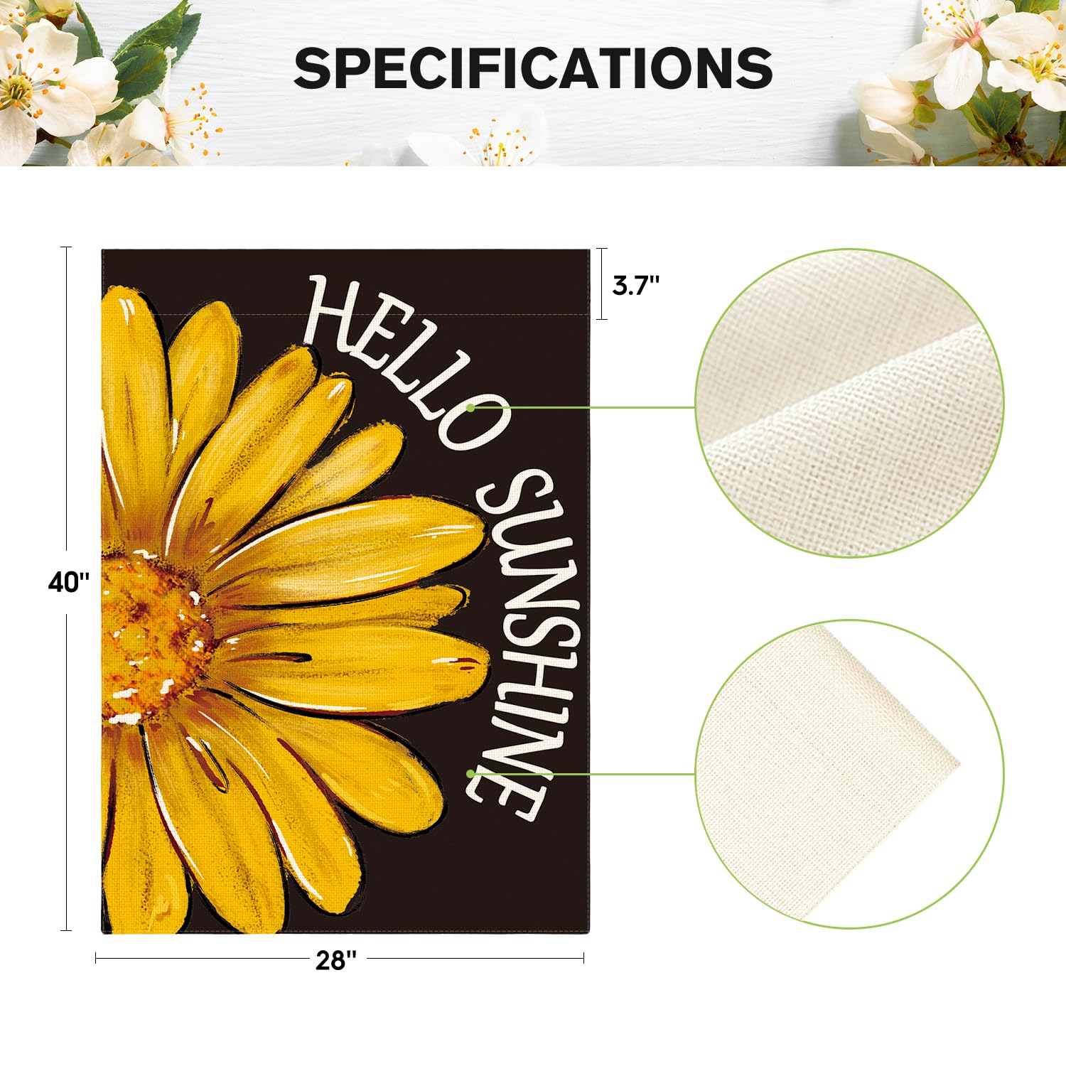 Outdoor yard decor with the Hello Sunshine flag amid garden greenery