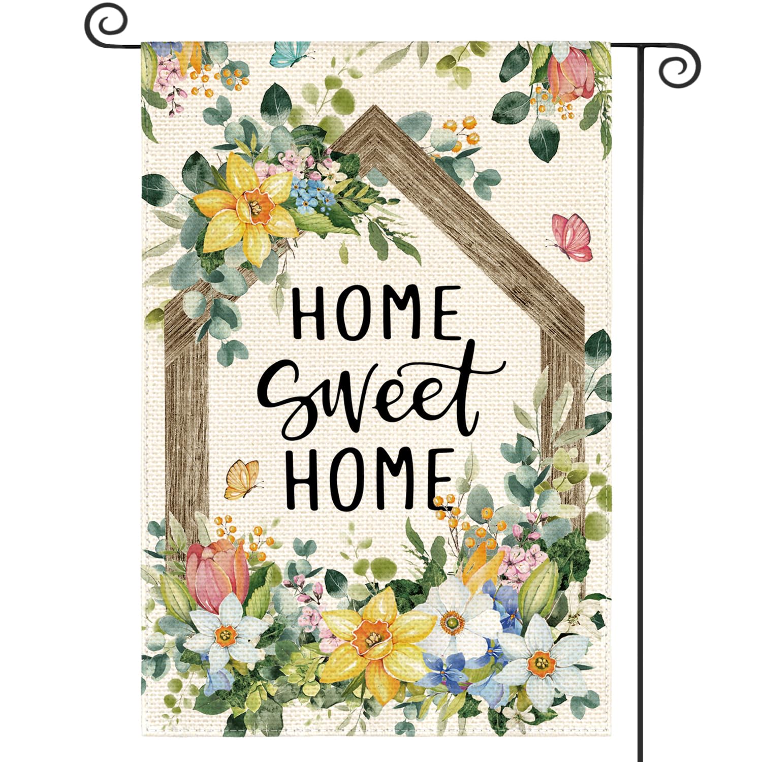 AVOIN colorlife Home Sweet Home flag with eucalyptus blooms for outdoor spring decor.