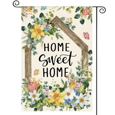 AVOIN colorlife Home Sweet Home flag with eucalyptus blooms for outdoor spring decor.