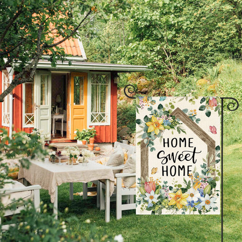 AVOIN colorlife Home Sweet Home flag featuring floral design visible from both sides.