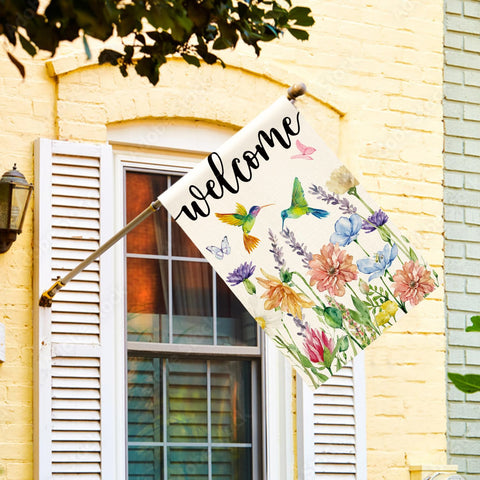 AVOIN colorlife hummingbird spring flowers flag back view, readable from both sides.