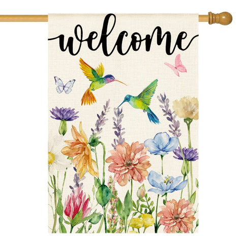 AVOIN colorlife hummingbird spring flowers flag front view, welcoming guests.