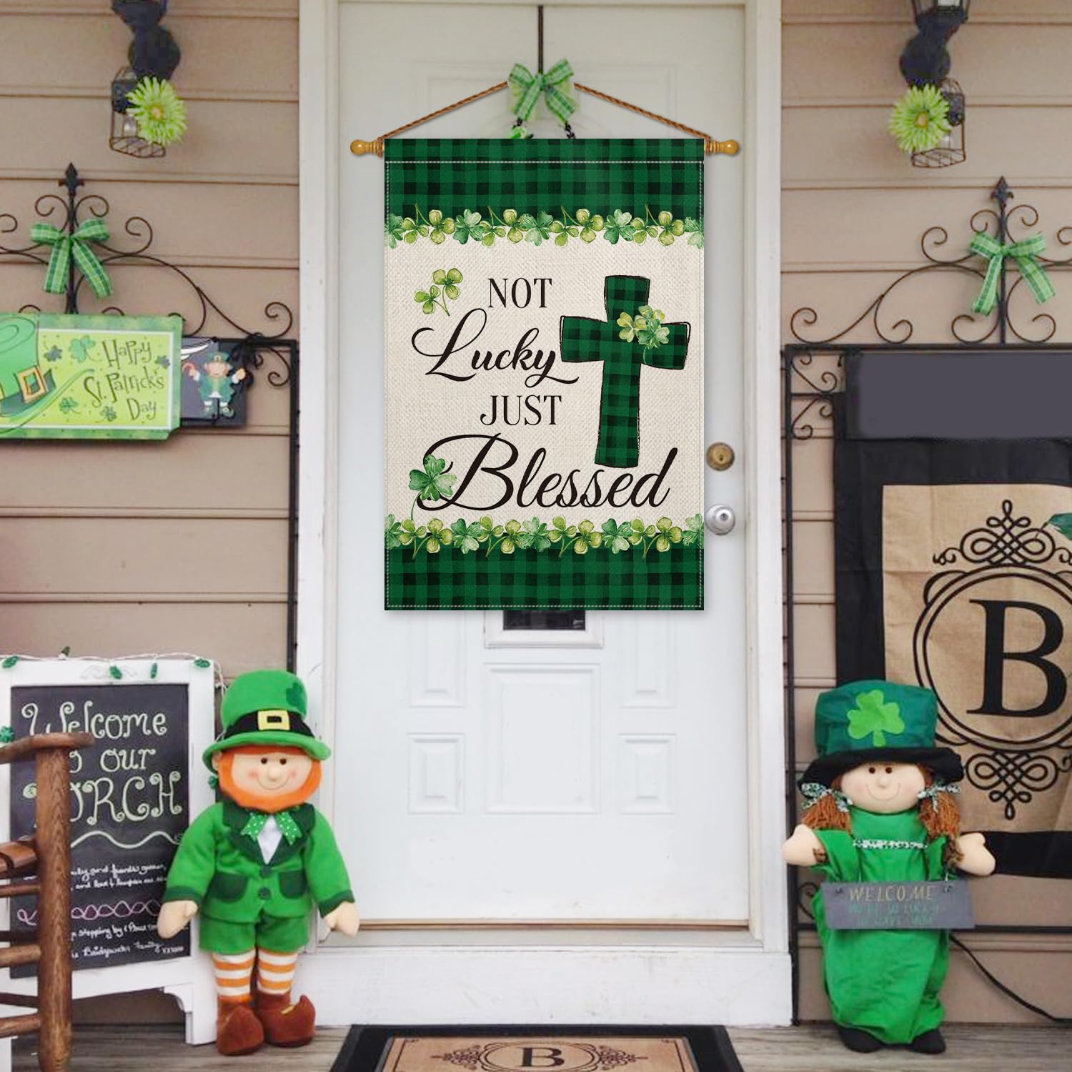 AVOIN colorlife Lucky Clover St Patrick’s Day house flag back view showing double-sided print.