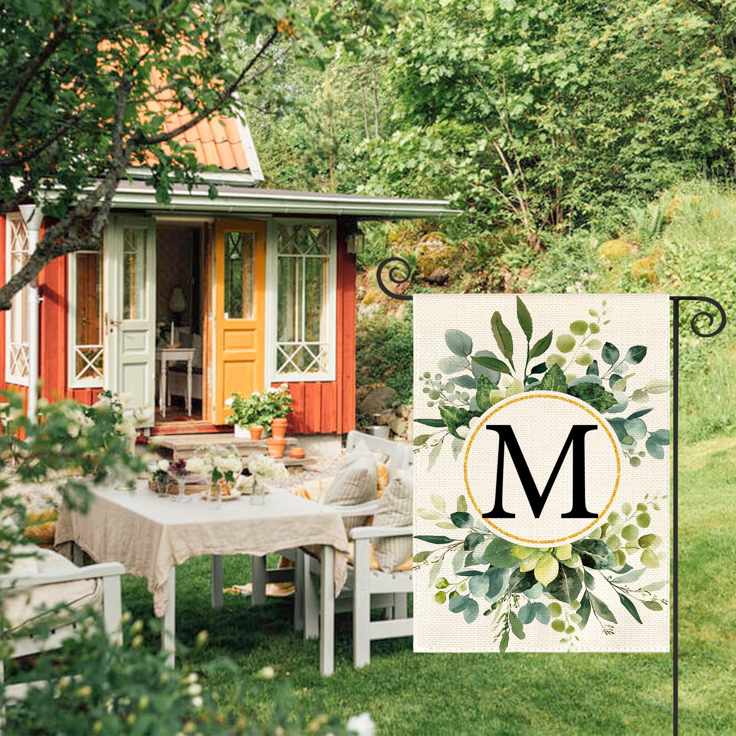 AVOIN colorlife monogram M floral flag back view showcases symmetrical charm