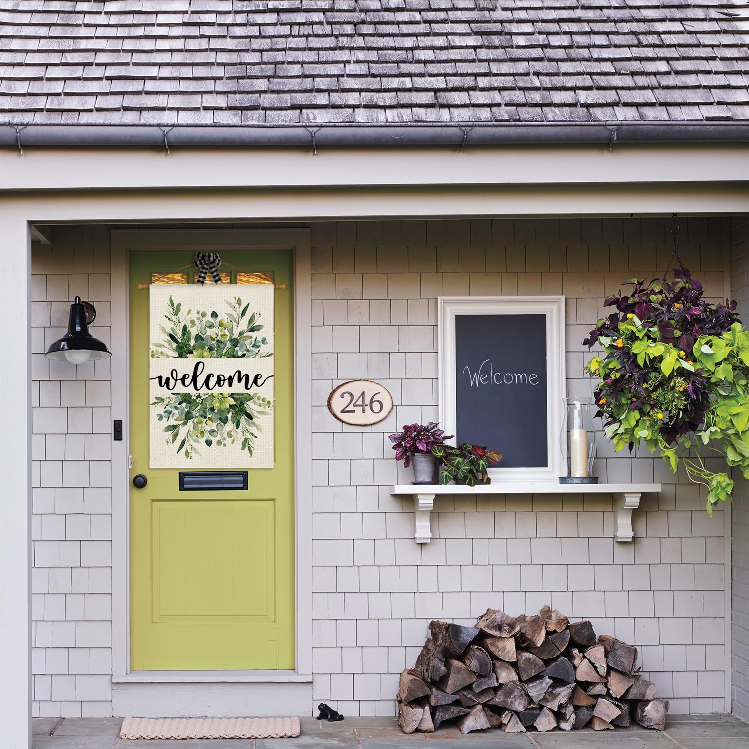 AVOIN colorlife outdoor welcome flag hanging on a porch for curb appeal