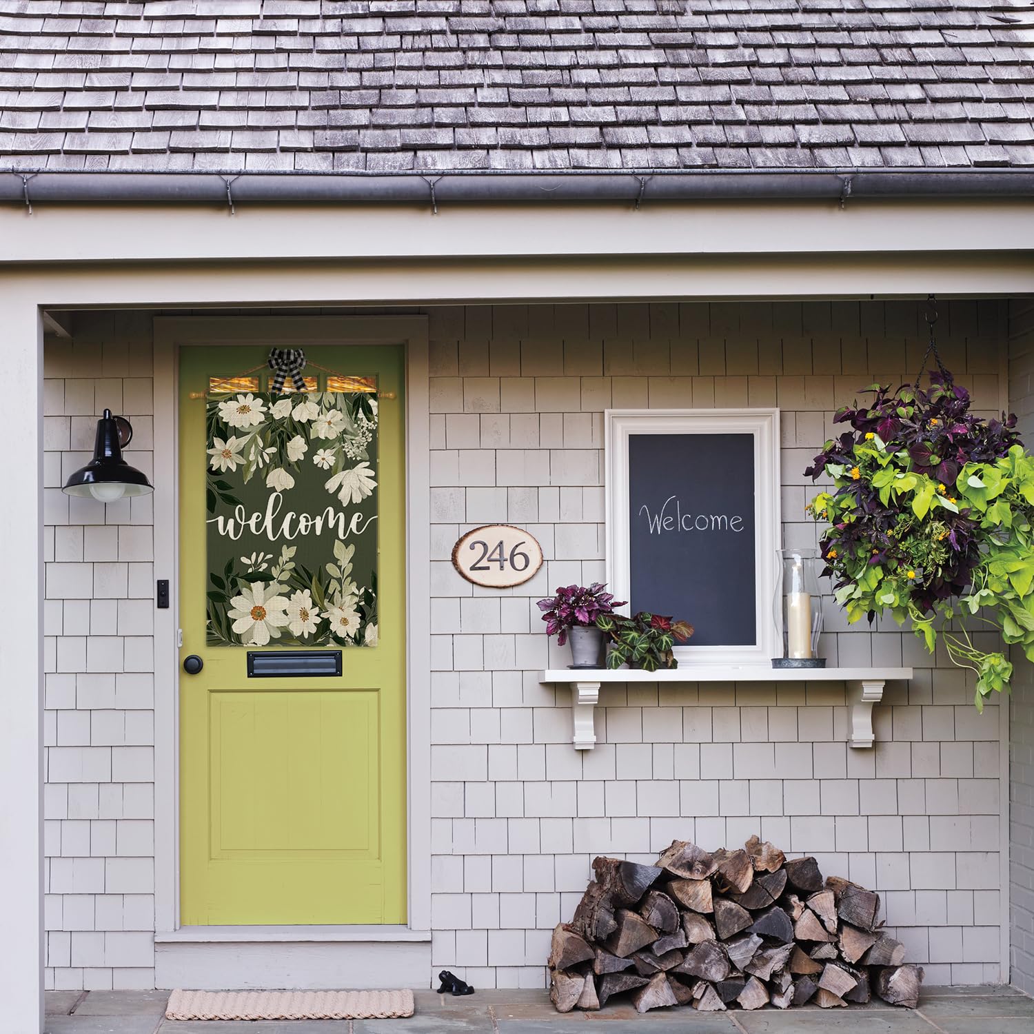 AVOIN colorlife outdoor yard flag on porch with spring blooms