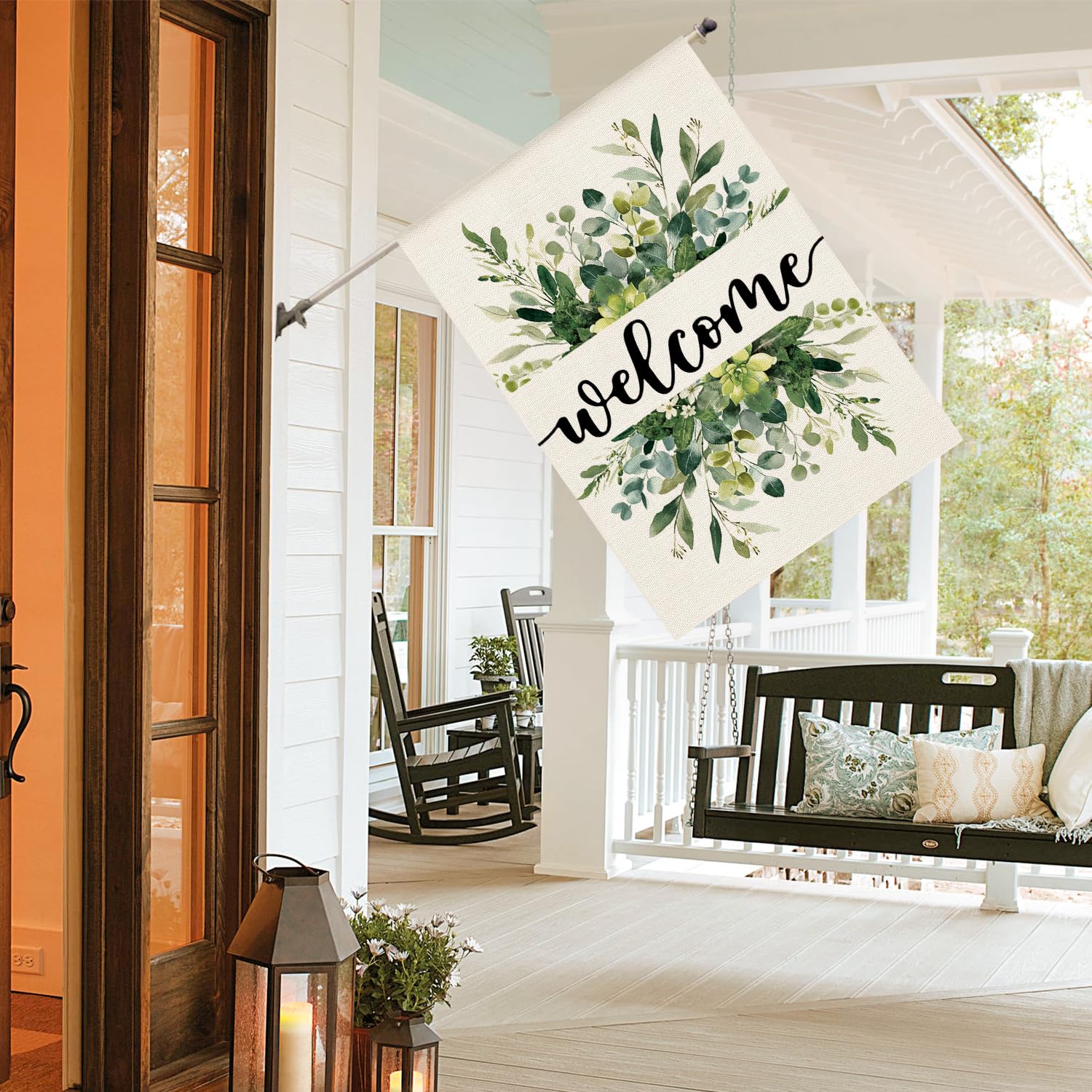 AVOIN colorlife patio flag on a yard display with lush greenery