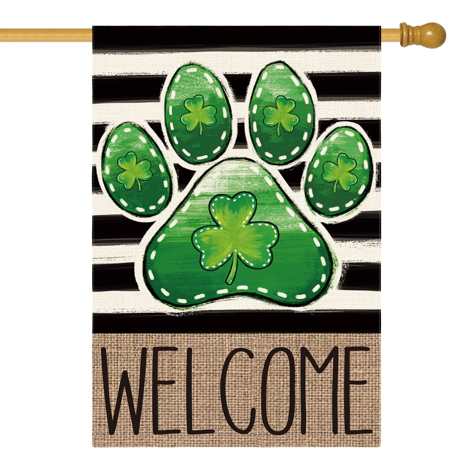 AVOIN colorlife paw print St Patrick's Day flag welcomes guests outdoors.