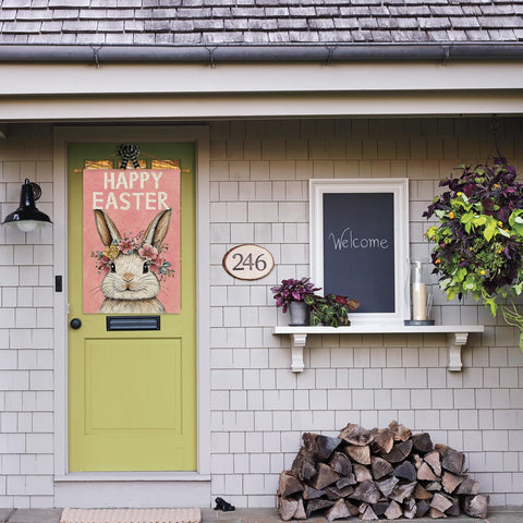 AVOIN colorlife pink rustic Easter flag close-up highlights cheerful bunny design.