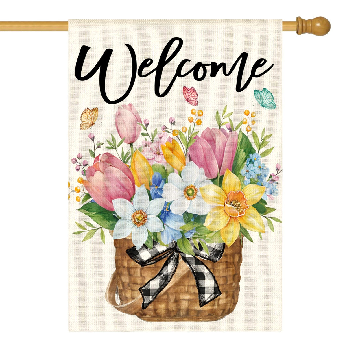 AVOIN colorlife spring flag front view with floral welcome design