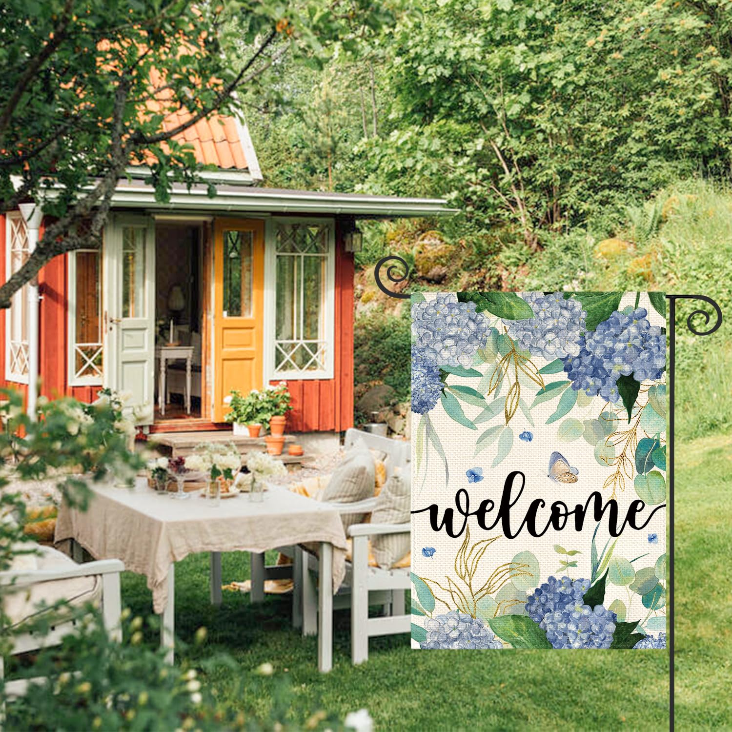 AVOIN colorlife hydrangea flag back view showing double-sided print visibility