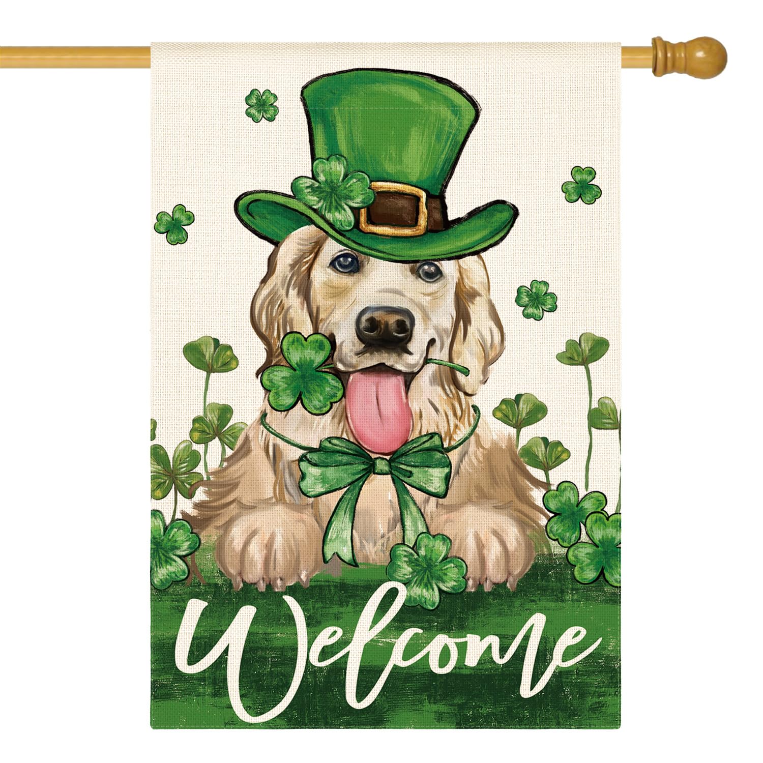 AVOIN colorlife green hat dog house flag front view for St Patrick's Day decor