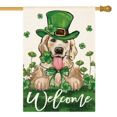 AVOIN colorlife green hat dog house flag front view for St Patrick's Day decor