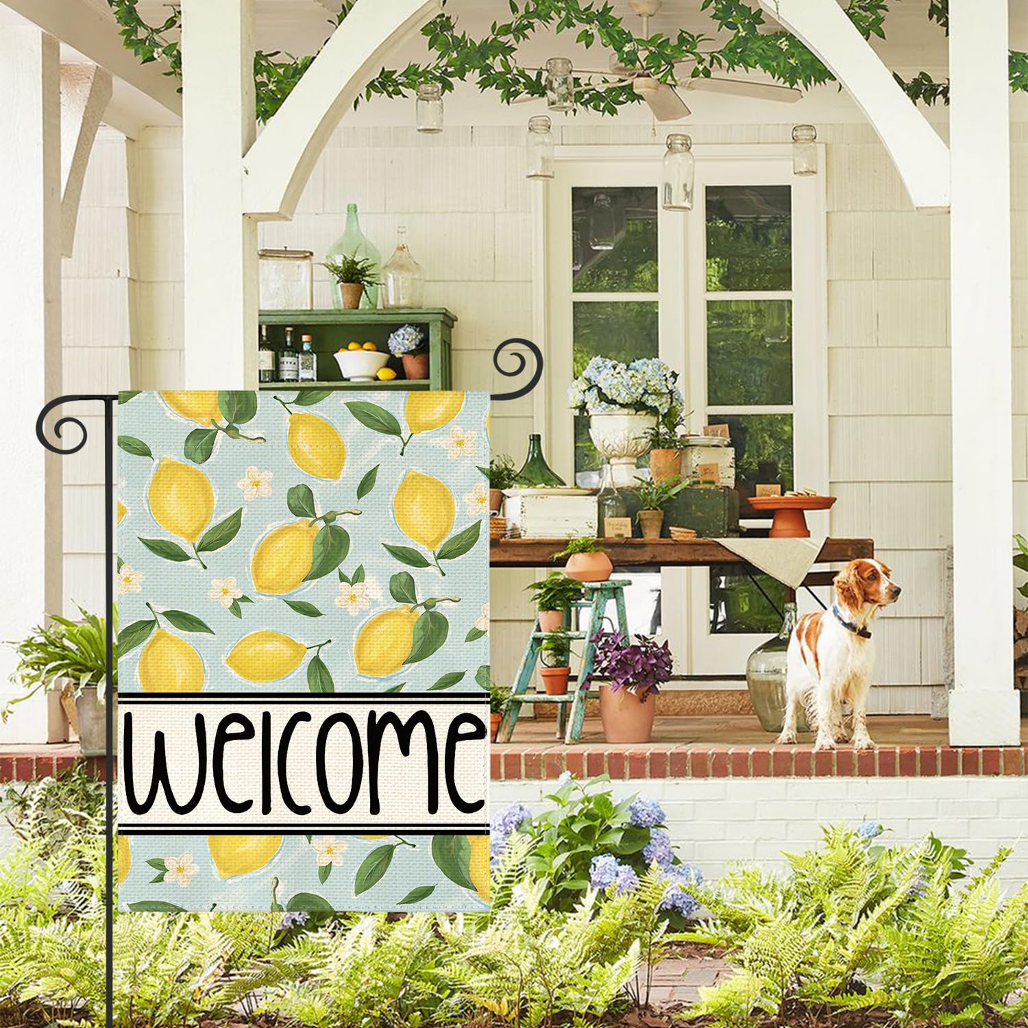 AVOIN colorlife Summer Lemon Garden Flag back view, visible from both sides for curb appeal.