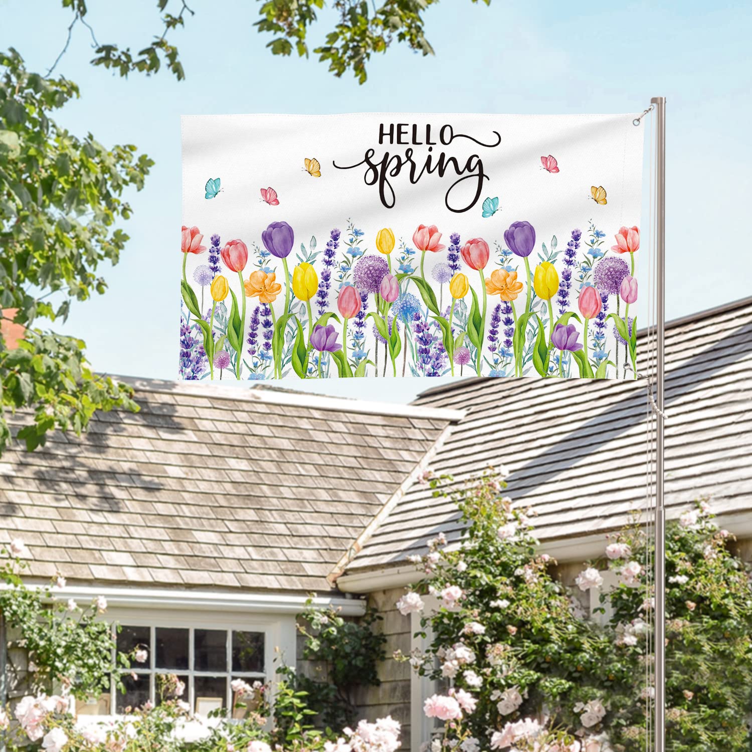 Close-up of tulip-lavender print on AVOIN colorlife flag for vibrant home decor.