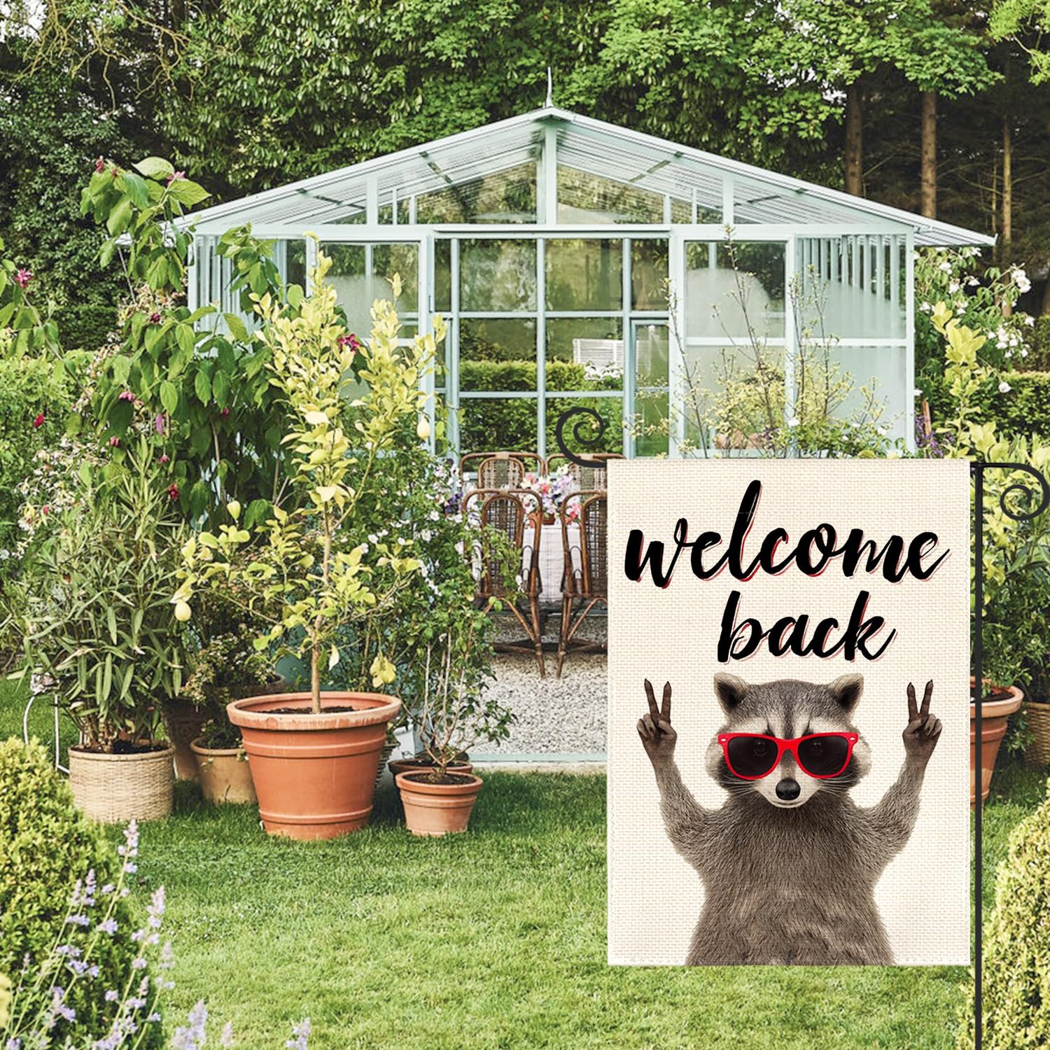 AVOIN colorlife Welcome Back Raccoon flag back view shows durable double-sided readability.