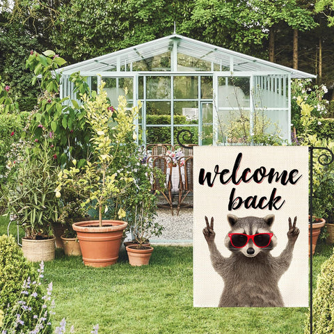 AVOIN colorlife Welcome Back Raccoon flag back view shows durable double-sided readability.