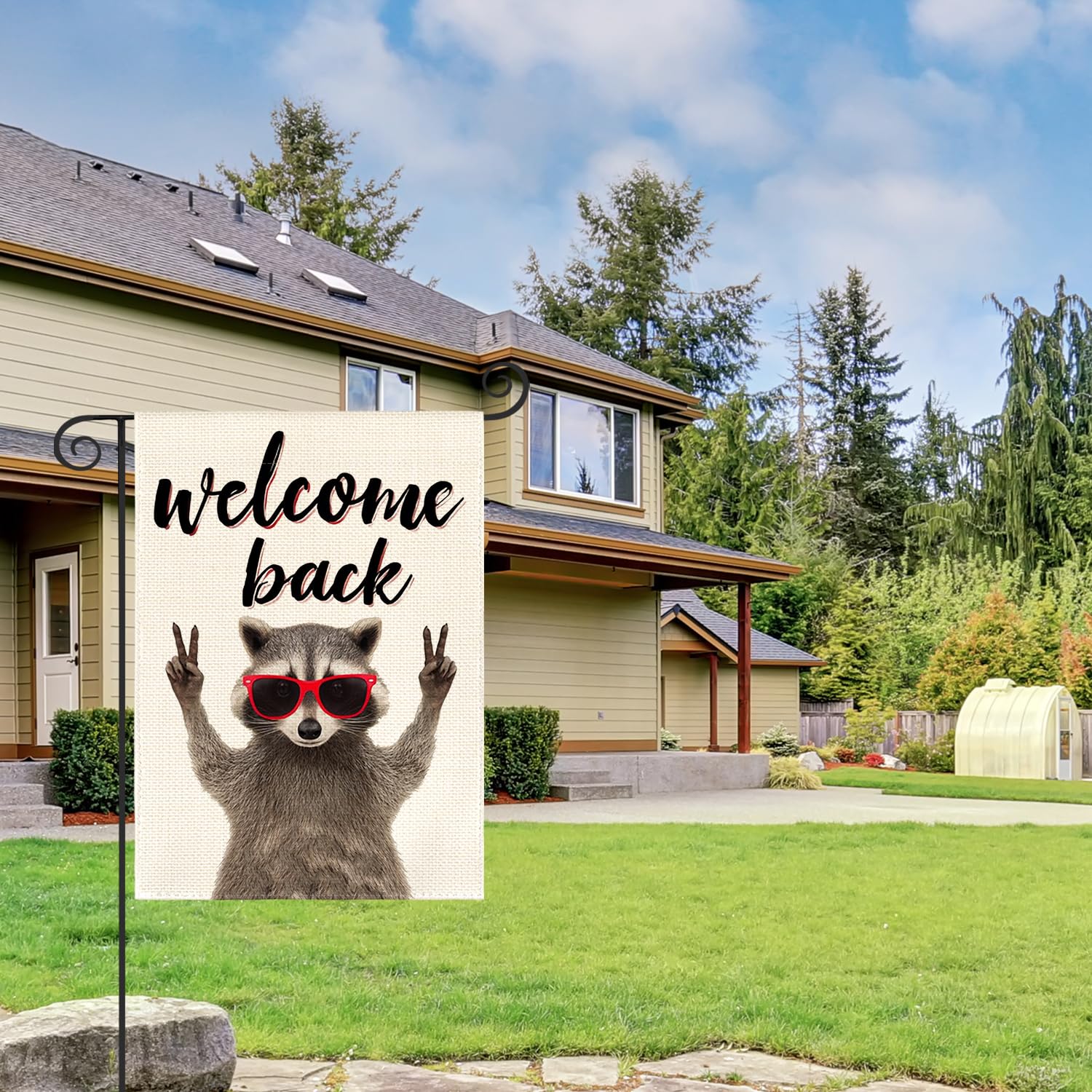 AVOIN colorlife Welcome Back Raccoon flag close-up highlights vibrant colors for porch appeal.