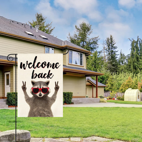 AVOIN colorlife Welcome Back Raccoon flag close-up highlights vibrant colors for porch appeal.