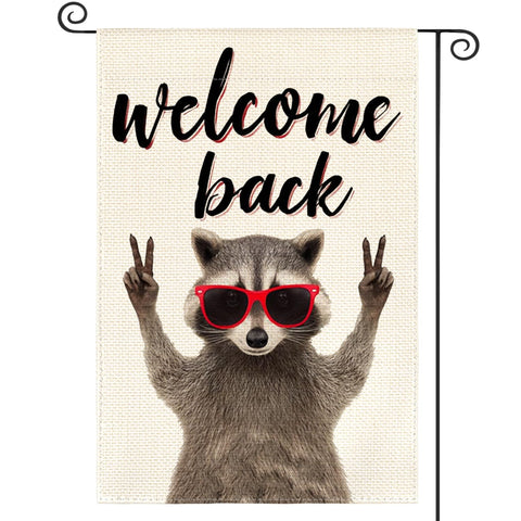 AVOIN colorlife Welcome Back Raccoon flag front view for welcoming guests with seasonal charm.