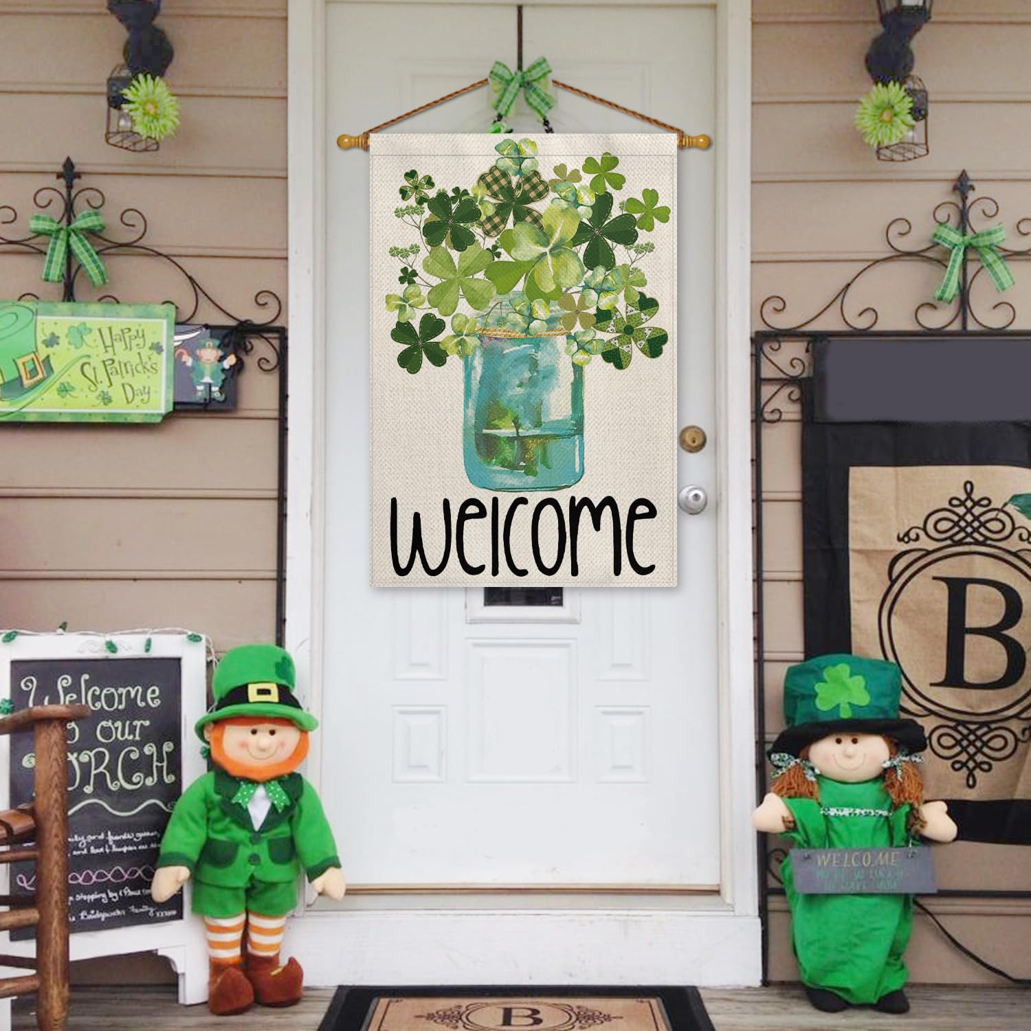 AVOIN colorlife Welcome Watercolor Lucky Clover flag back view for double-sided visibility