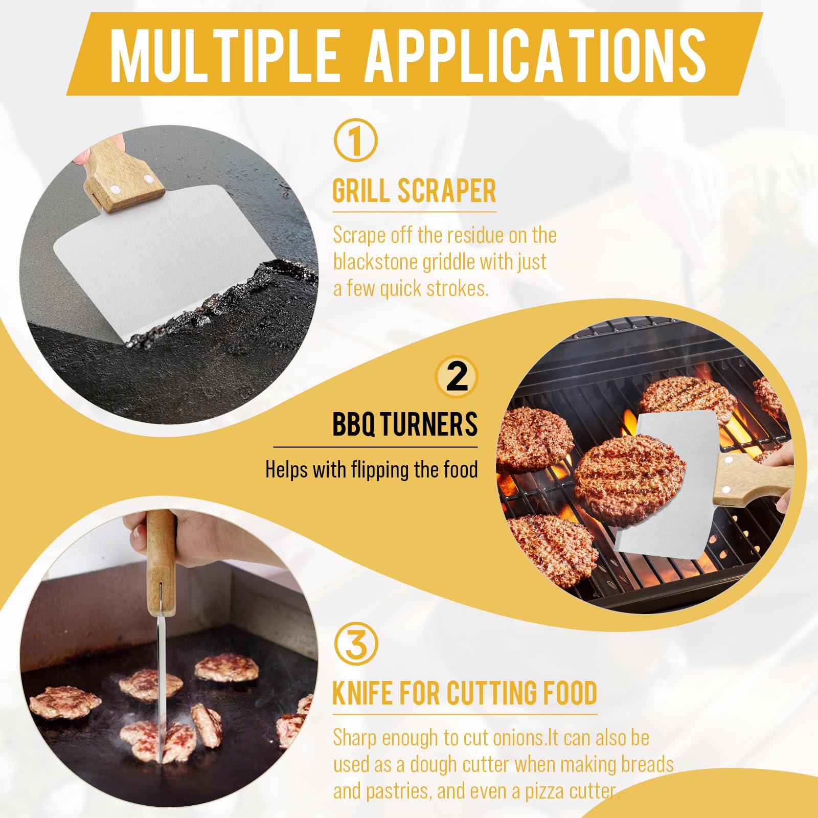 AWEASROY 3-in-1 griddle scraper flips, chops, and cleans for outdoor grilling