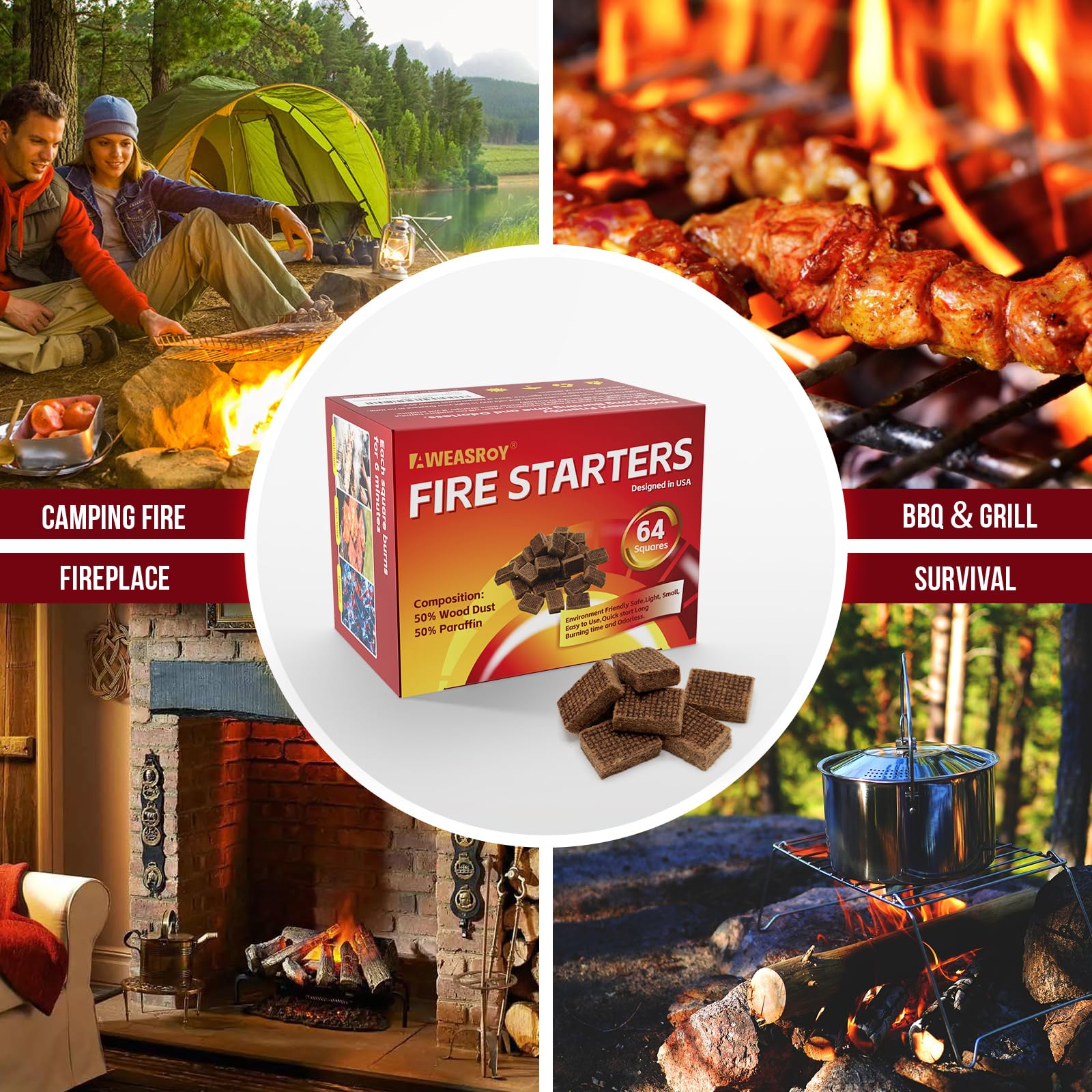 AWEASROY fire starter squares burn for 6-8 minutes to start a fire.