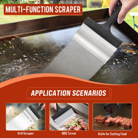 AWEASROY griddle brush with handle safely scrubs hot surfaces.