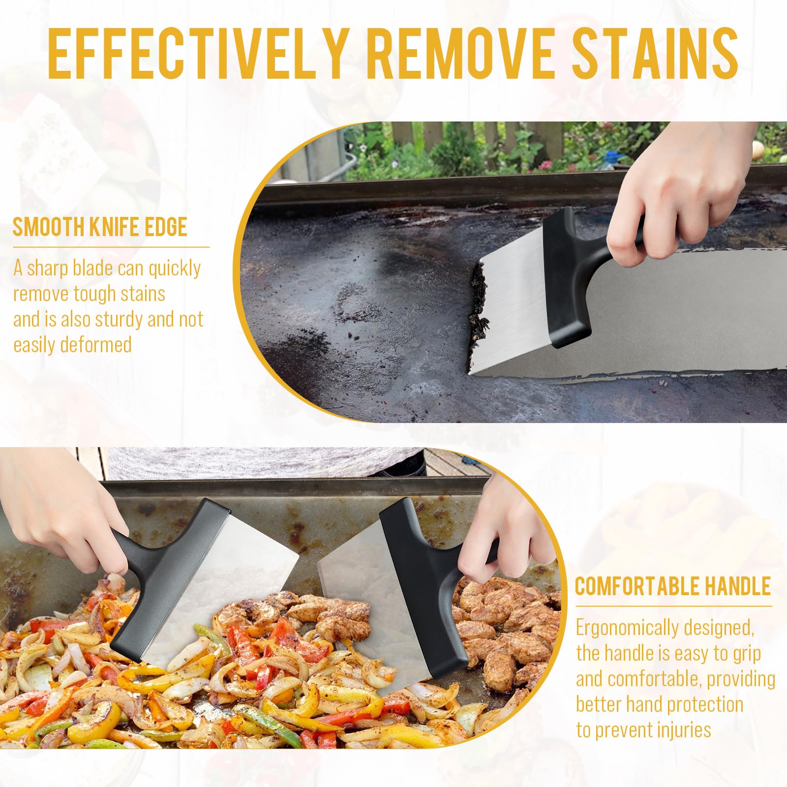 AWEASROY griddle scraper hanging design shown for convenient storage beside the grill.