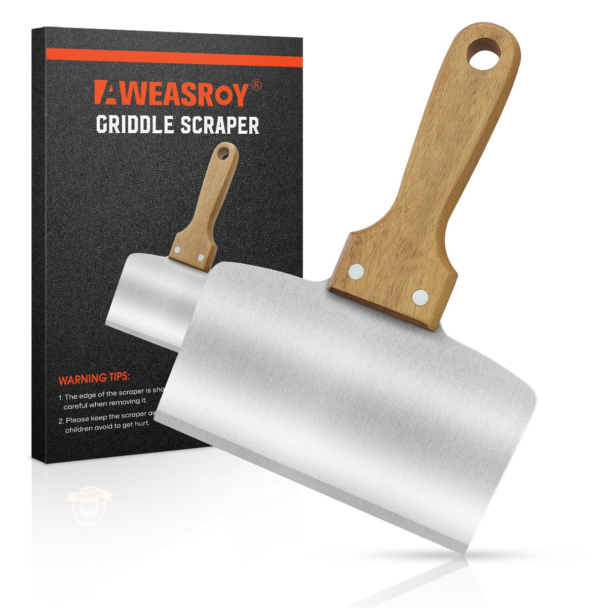 AWEASROY heavy-duty grill scraper with stainless steel blade and 5in handle for tough cleanup