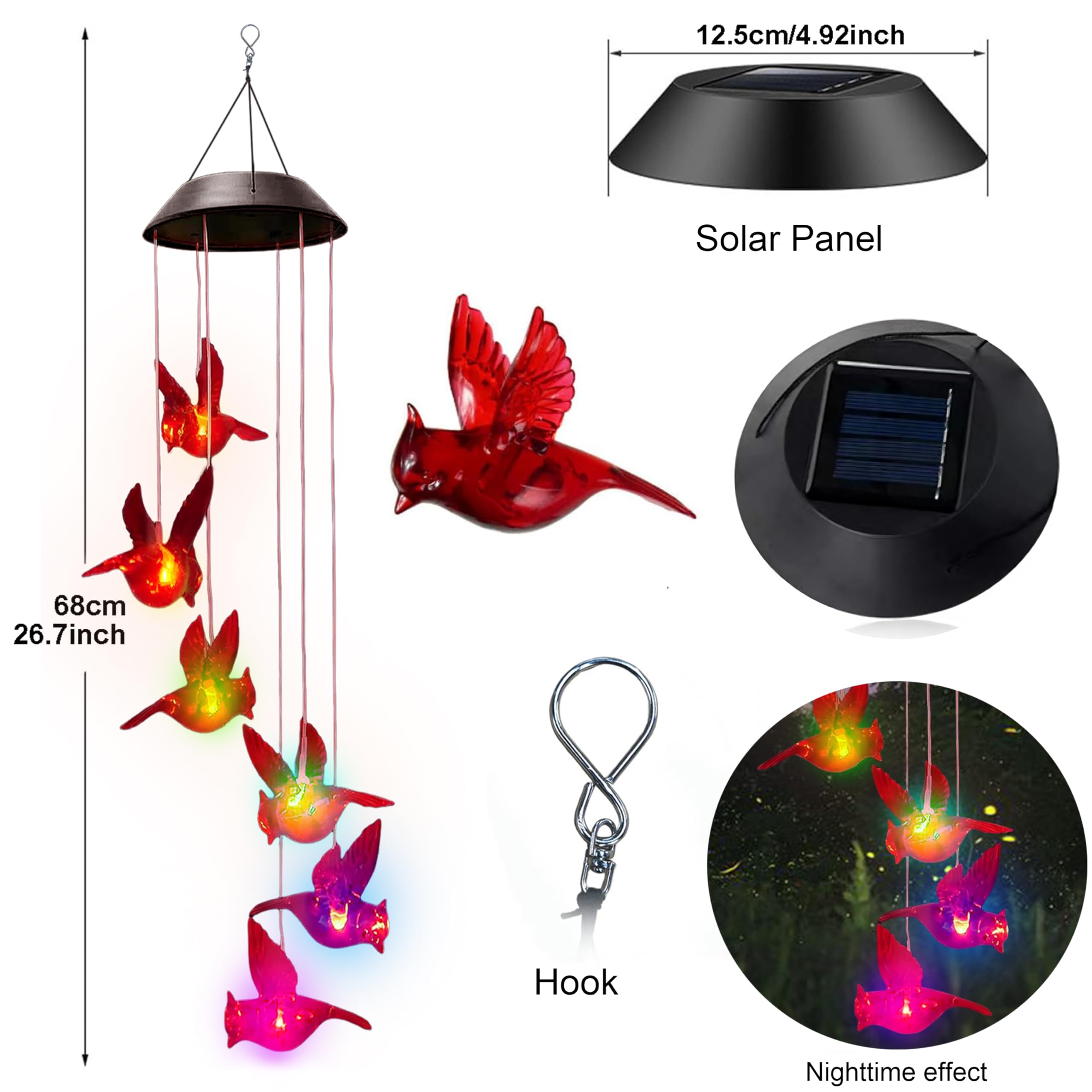 AWENDIETOU red bird wind chime with durable solar light for cozy evenings.