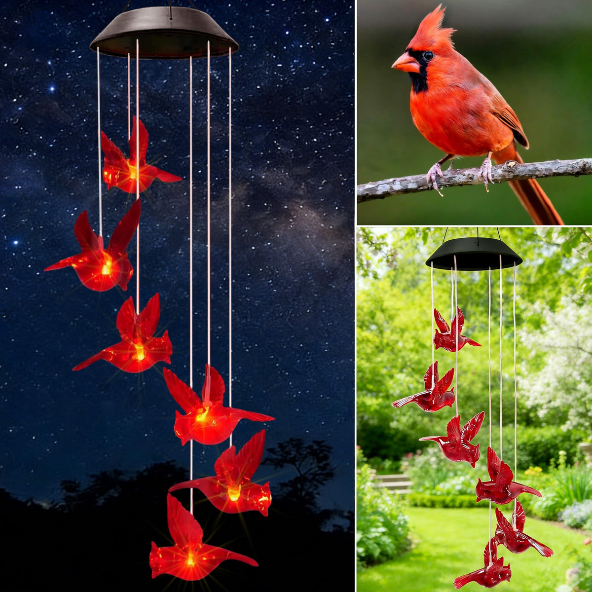 AWENDIETOU cardinal solar wind chimes brighten outdoor spaces at dusk.