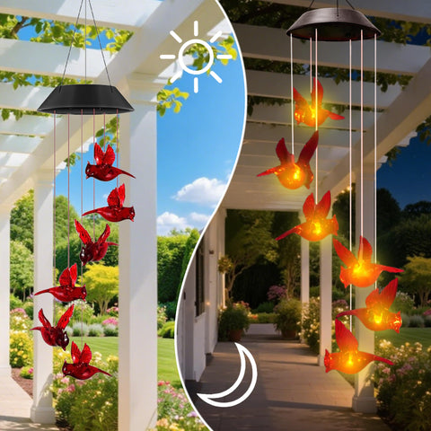 AWENDIETOU solar-powered garden chime provides soft illumination along pathways.
