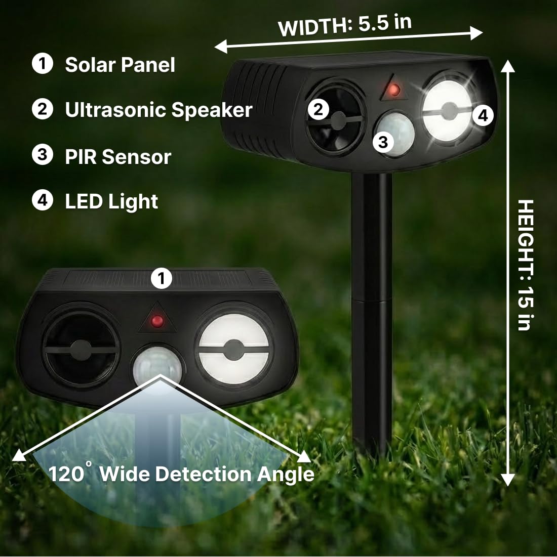 AWISH solar deterrent front view showing compact outdoor design