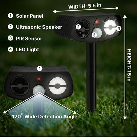 AWISH solar deterrent front view showing compact outdoor design