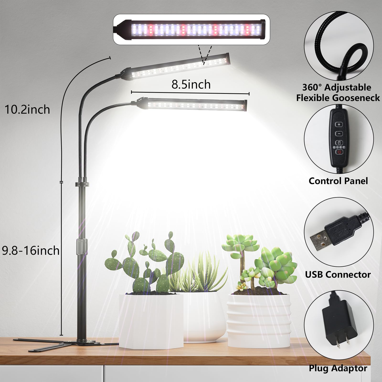AWLYLNLL dual-head lamp provides targeted light for multiple plants.