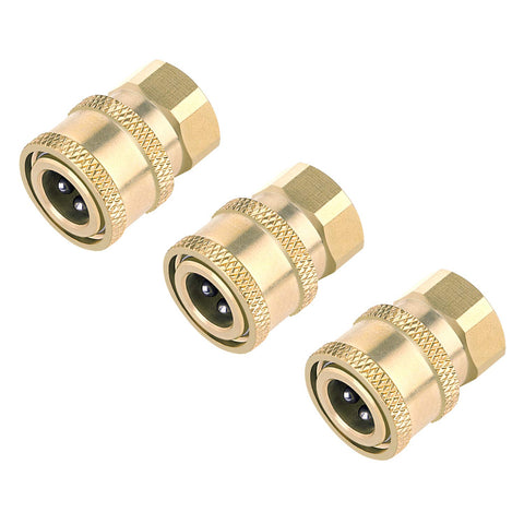 Awpeye brass quick-connect coupler with ball-lock for secure pressure washer connections.