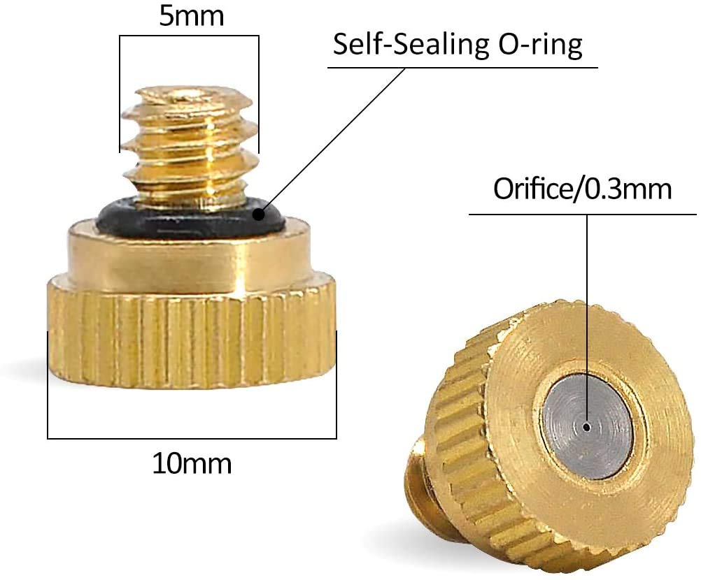 Awpeye brass misting nozzle installed in an outdoor cooling system.