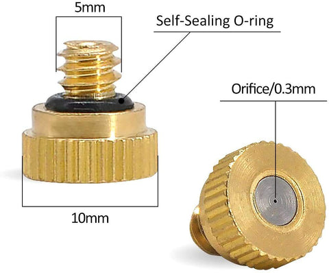 Awpeye brass misting nozzle installed in an outdoor cooling system.