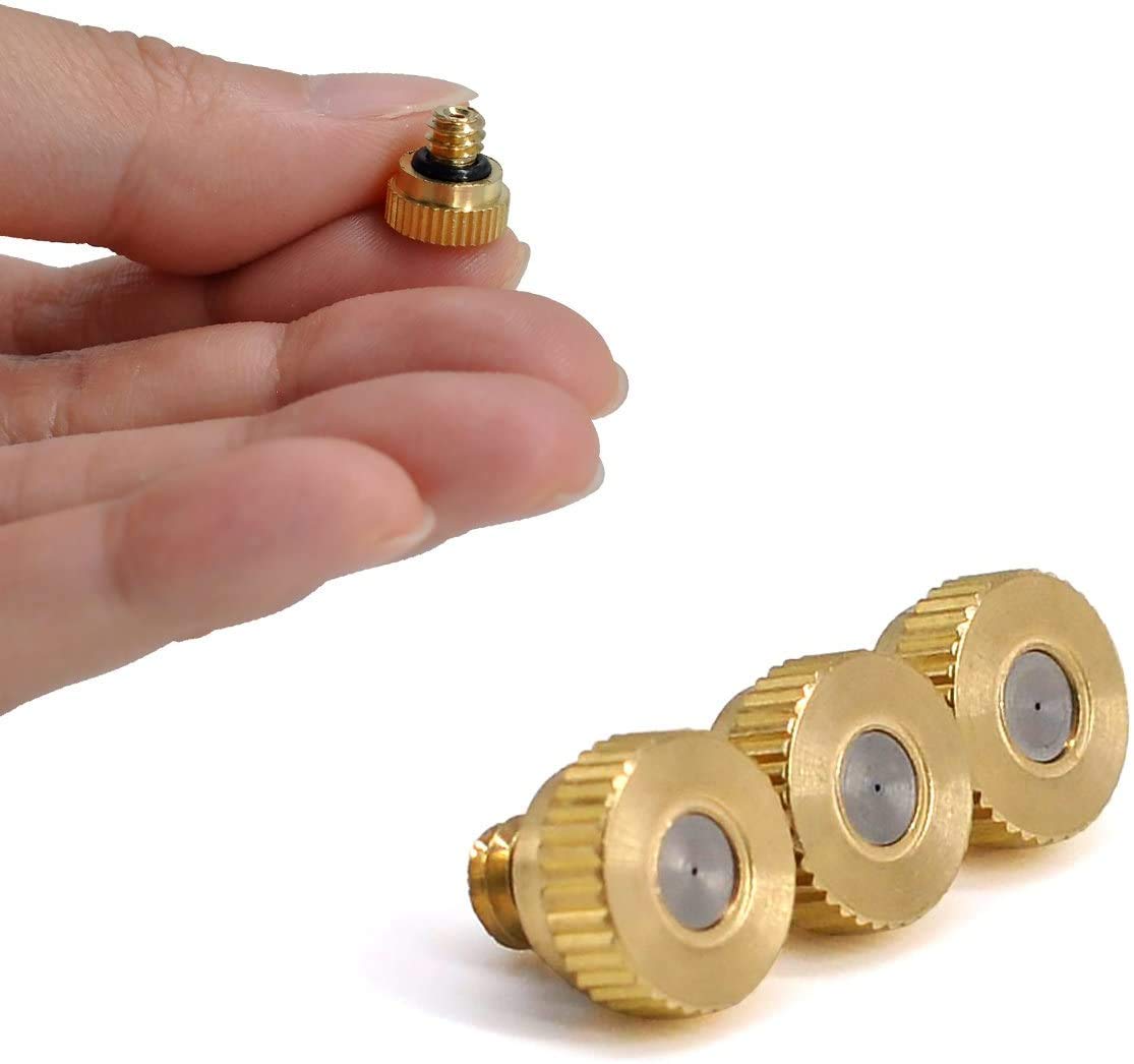 Awpeye patio brass misting nozzle delivering cool comfort outdoors.