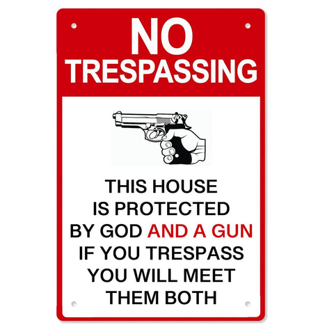 awrjdos Private Property No Trespassing Sign 8x12 inch on fence; durable tinplate deterrent.