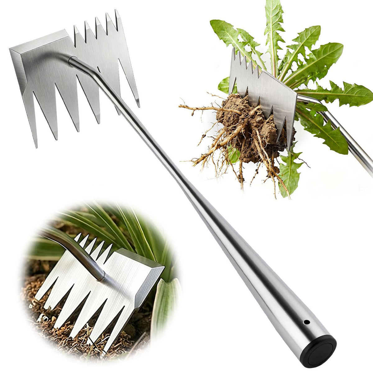 Awrose weed puller with 6-tooth dual head removing a weed