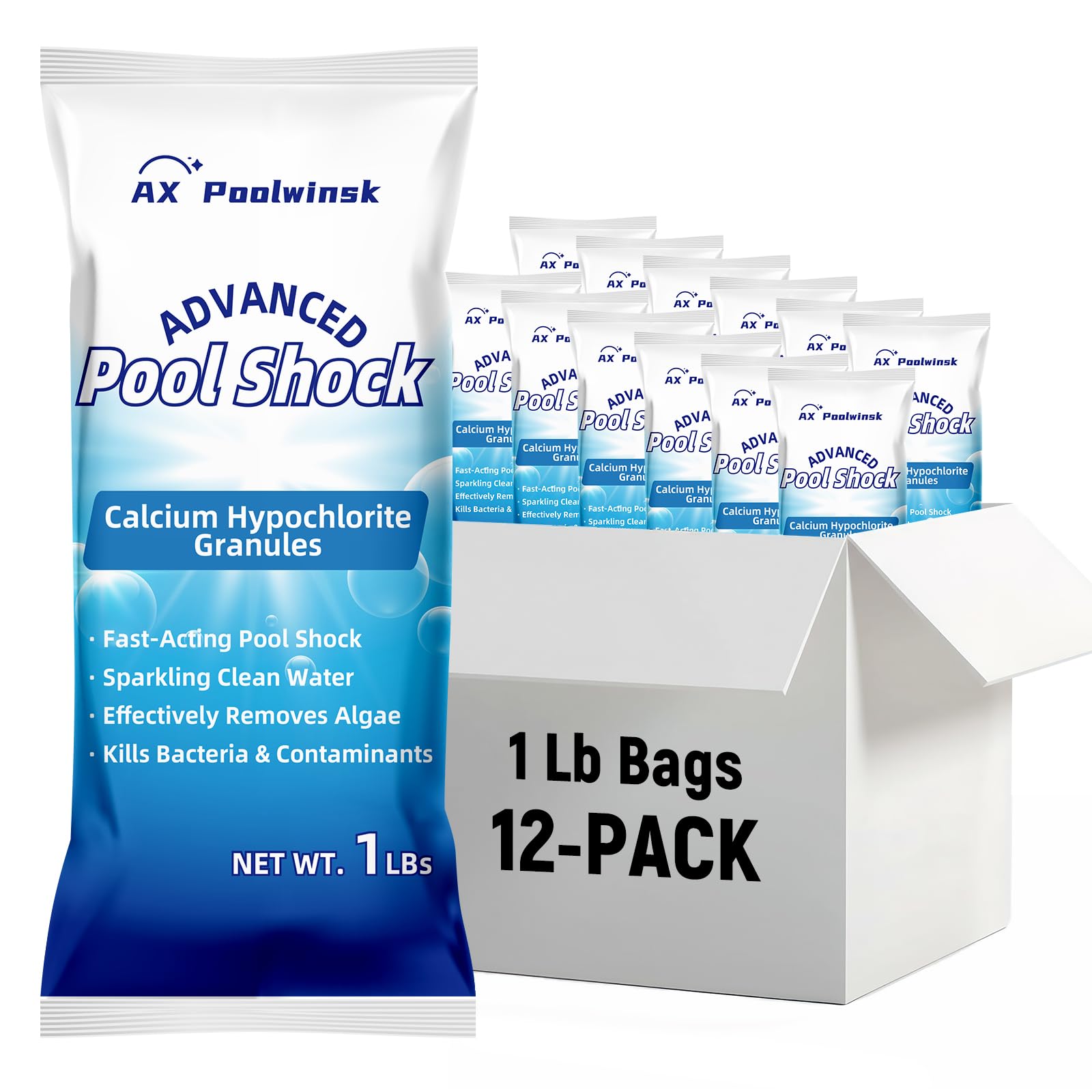 AX Poolwinsk 12-pack pool shock pack shot showing convenient chlorine delivery
