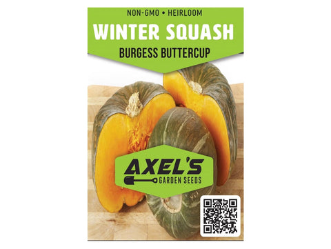 Axel's Garden Seeds Burgess Buttercup seed packet front with colorful illustration.